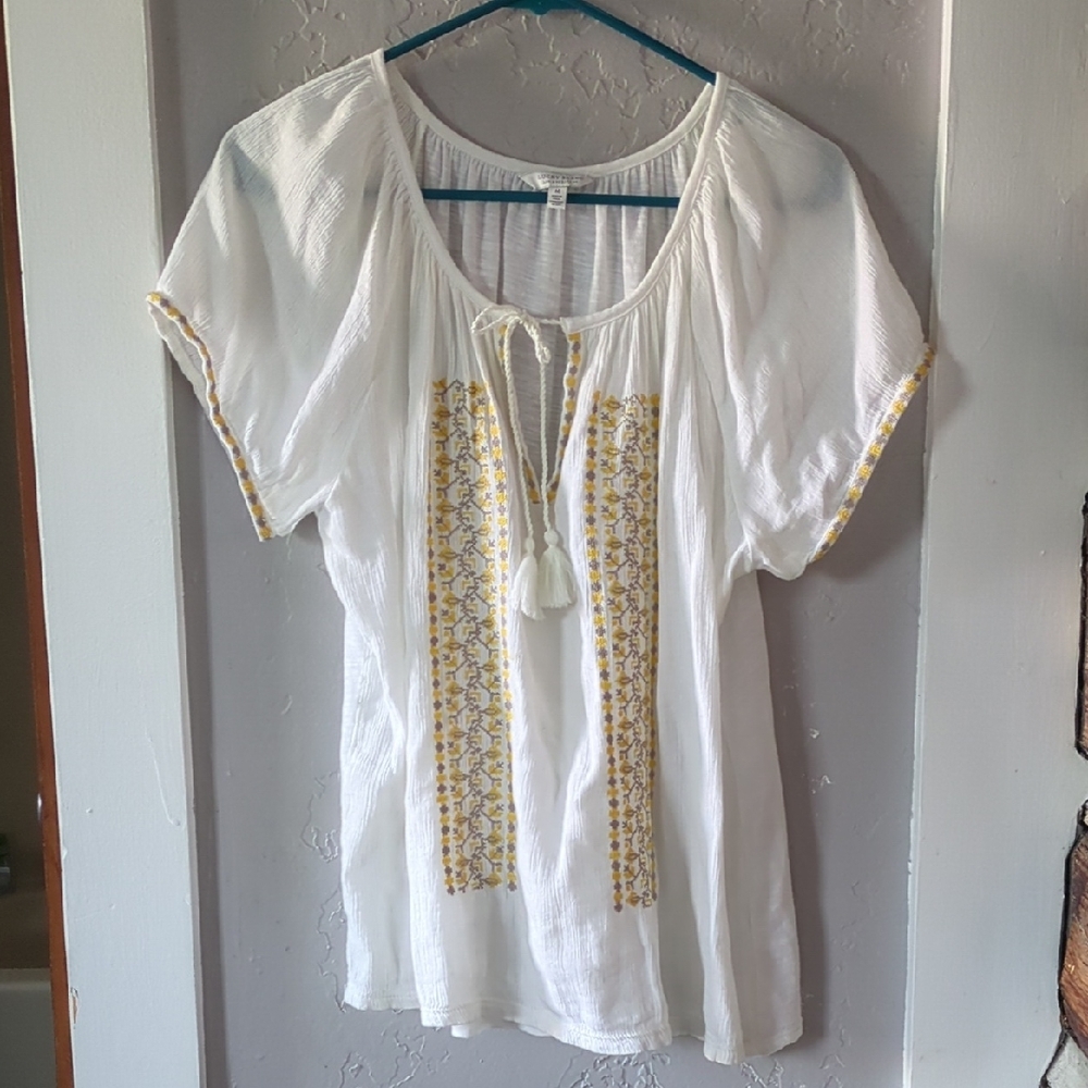 Lucky Brand White Blouse with Yellow Embroidery